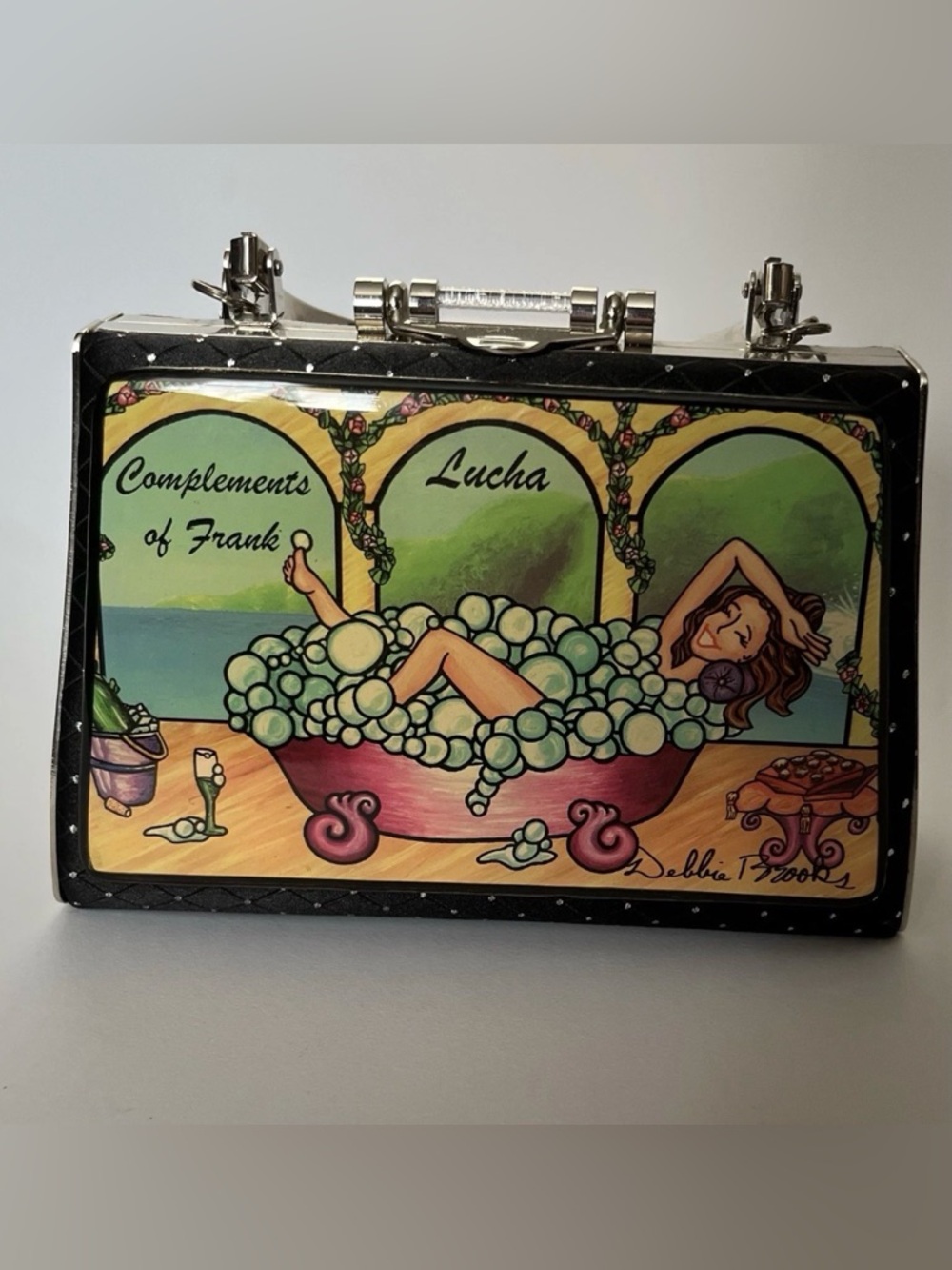 Debbie Brooks Top Handle Bag Art Graphic Crystal Accents Clasp Detachable Strap